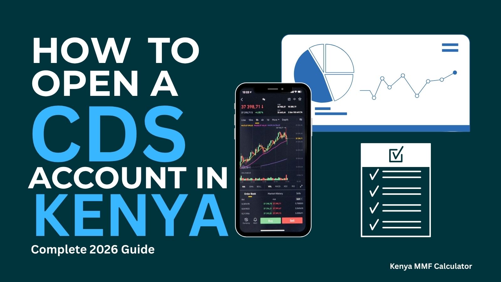 How to open a CDS account in Kenya graphic showing a mobile trading screen, investment chart and application checklist
