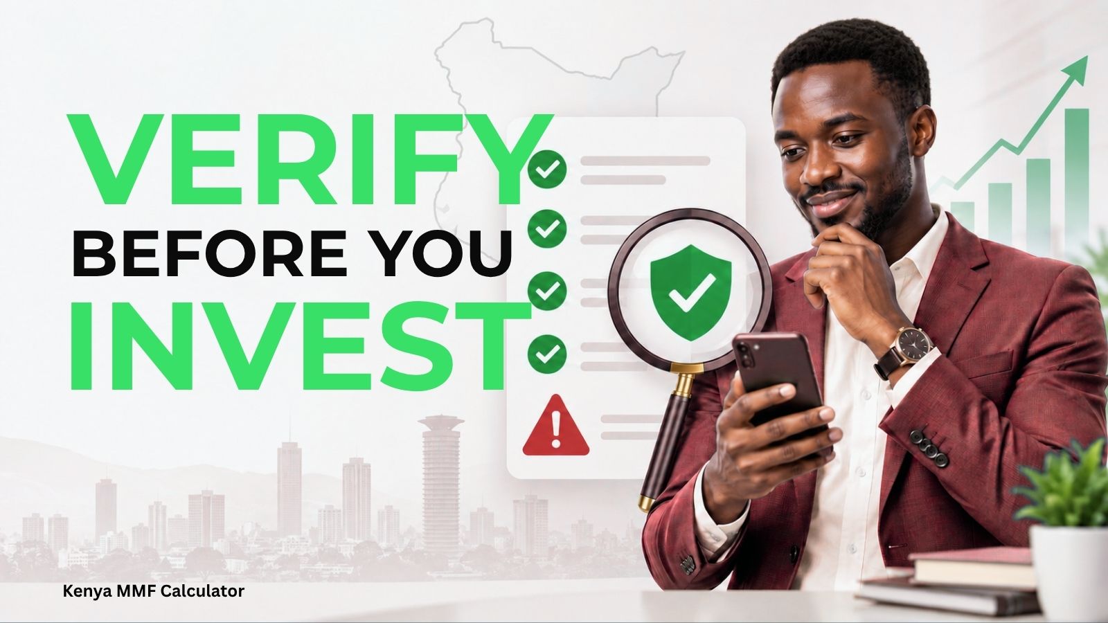 Kenyan investor checking an investment company using a verification checklist, magnifying glass and security shield before investing