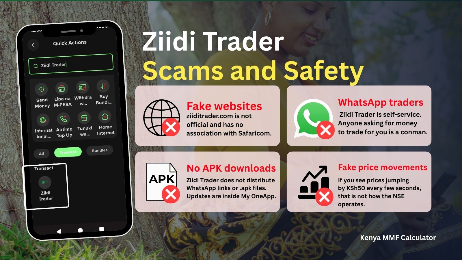 Ziidi Trader scam warning graphic showing fake websites, WhatsApp traders, APK download scams and fake NSE price movements